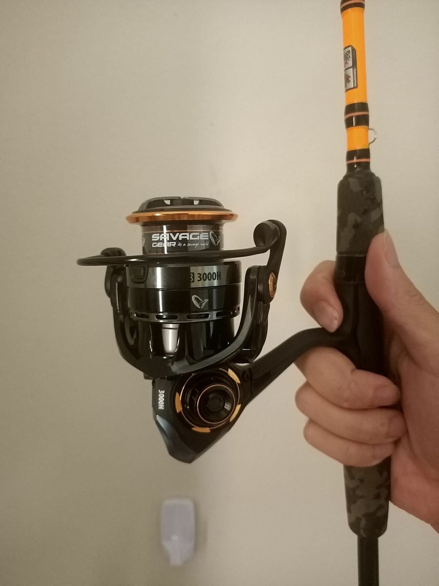 A 3000-size spinning reel mounted on a rod, held in one hand