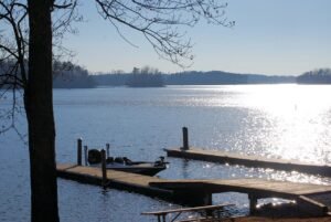 Bass boat tied to a dock at Smith Mountain Lake State Park, Virginia