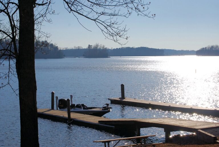 Bass boat tied to a dock at Smith Mountain Lake State Park, Virginia