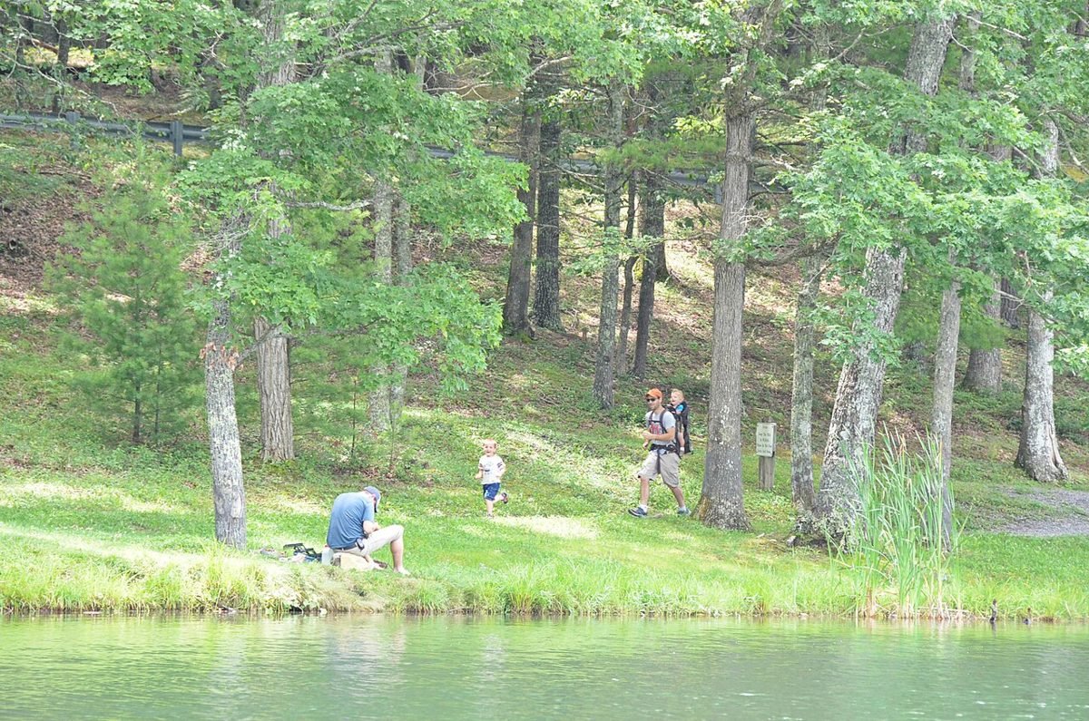 Family shore fishing at a lake with a backpack on the bank