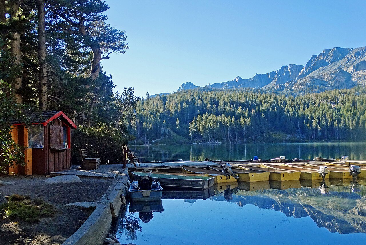 Morning at the boathouse on Lake George, a Sierra Nevada trout lake in California
