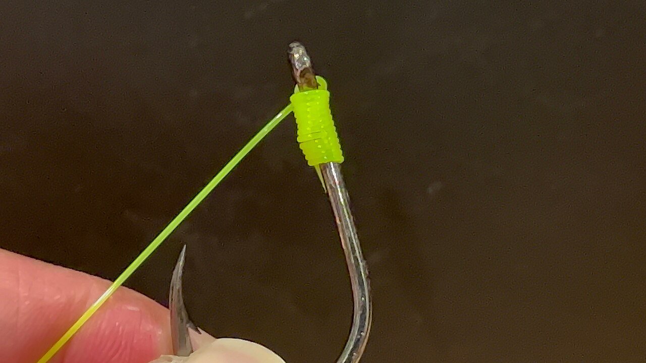 Snell knot wrapped around the shank of a fishing hook
